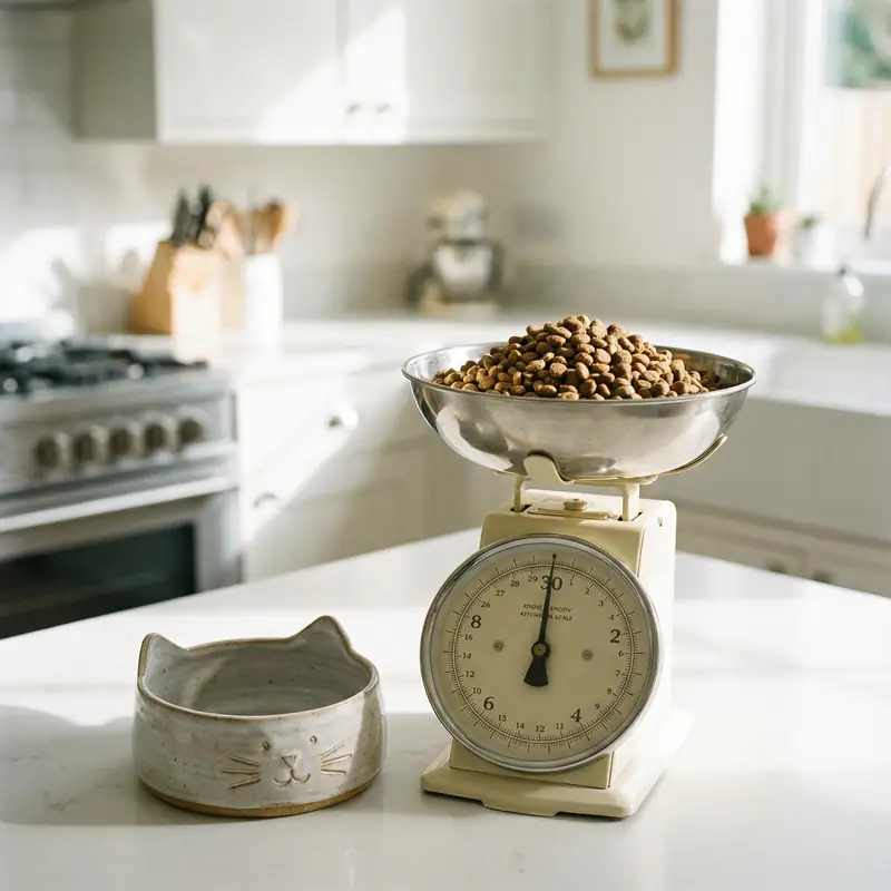 Balance de cuisine mesurant des croquettes pour chat