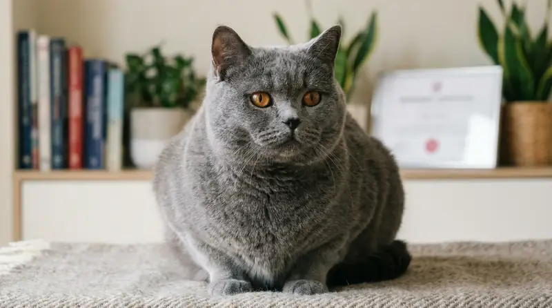 Un British Shorthair bleu assis, montrant sa morphologie ronde