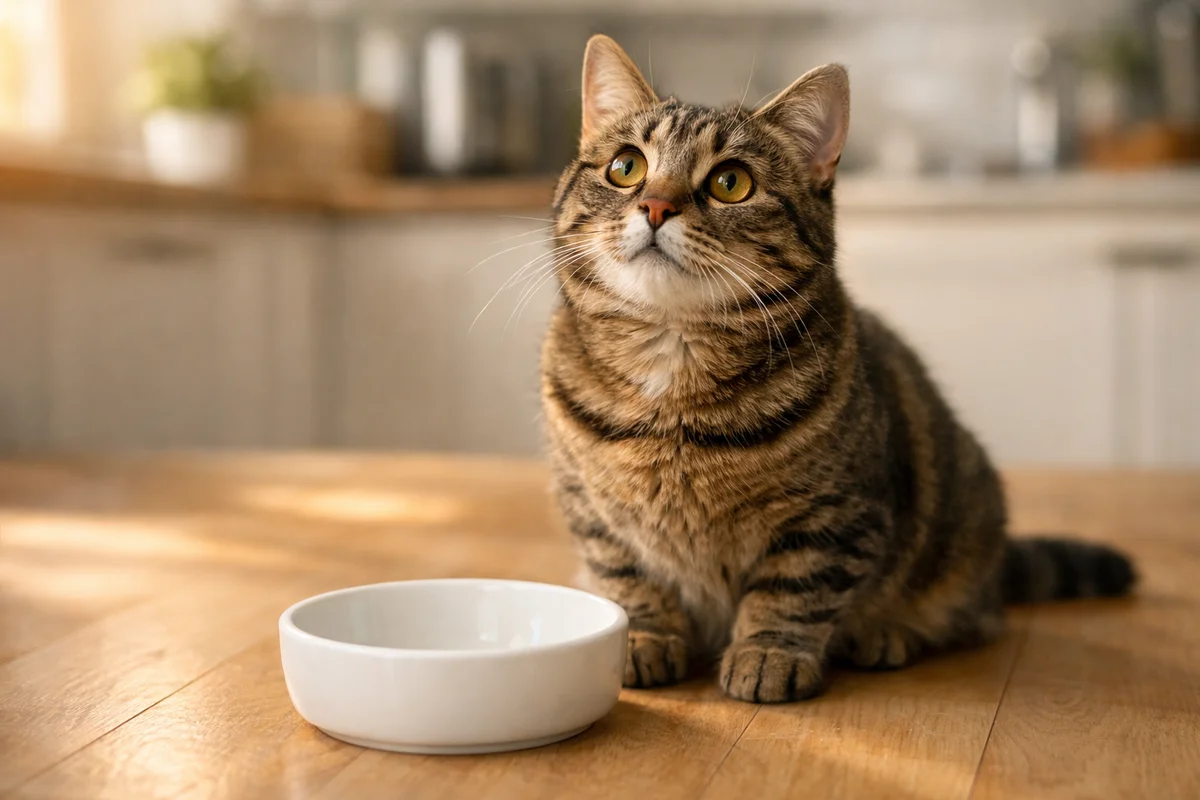 Chat tigre assis devant une gamelle vide, regardant son propriétaire avec des grands yeux expressifs