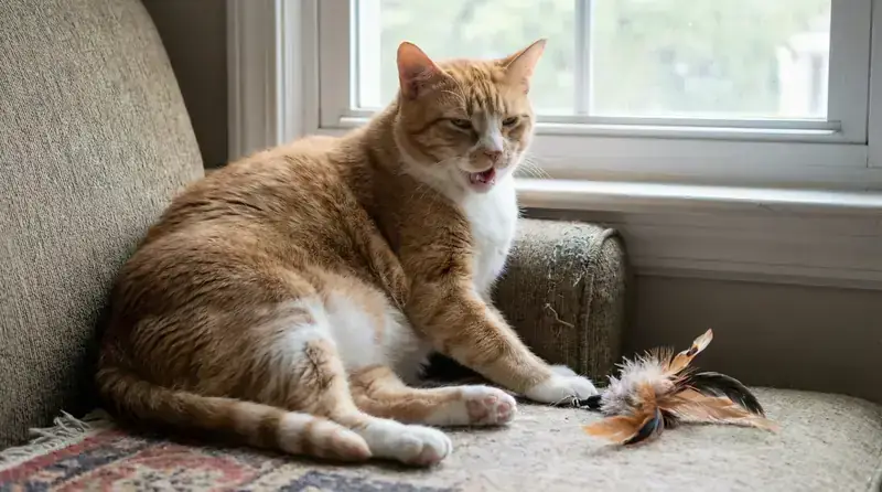 Image d'un chat essoufflé, assis après un léger effort, illustrant la baisse de condition physique.