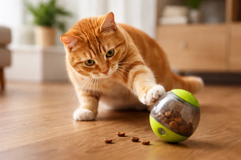 Chat roux concentré qui fait rouler une balle distributive de croquettes avec sa patte sur un parquet, posture active et engagée — illustre l'enrichissement alimentaire pour le chat d'intérieur