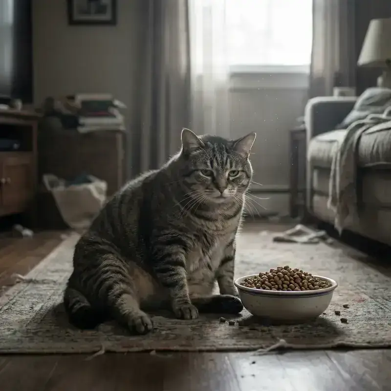 Une gamelle de croquettes toujours pleine à côté d’un chat qui semble s’ennuyer
