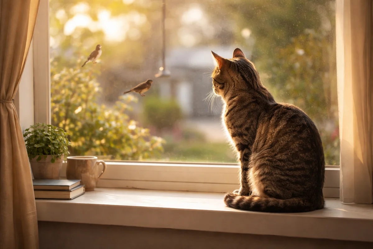 Chat tigré assis sur le rebord d'une fenêtre, observant des oiseaux à l'extérieur avec une posture d'attention concentrée, lumière naturelle chaude