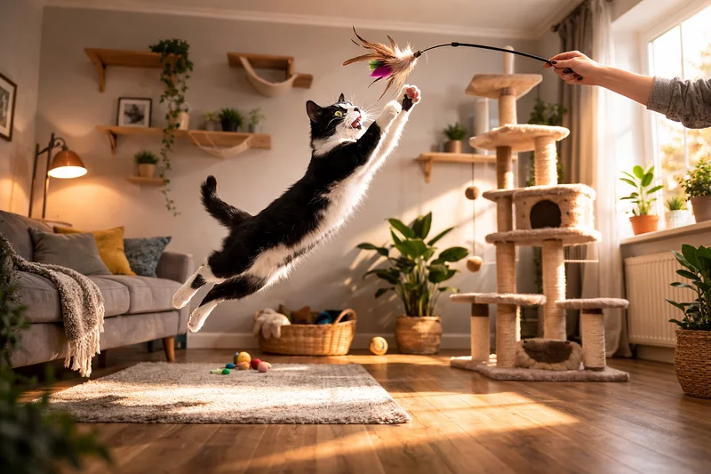 Chat noir et blanc bondissant pour attraper une canne à plumes tenue par une main humaine, salon avec étagères murales pour chat visible en arrière-plan, lumière naturelle