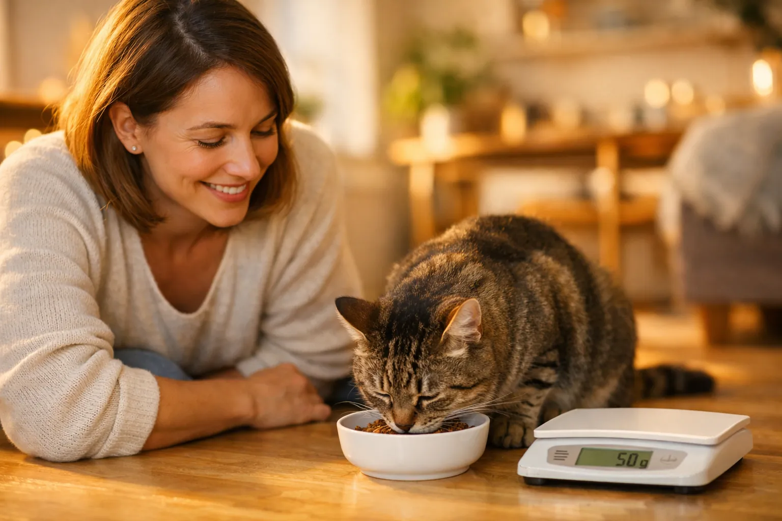 Chat mangeant sa ration dosée avec soin par son propriétaire