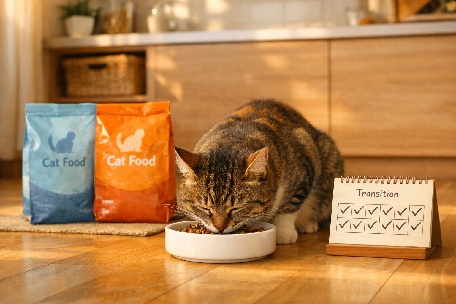 Chat mangeant calmement après une transition alimentaire réussie sur 10 jours