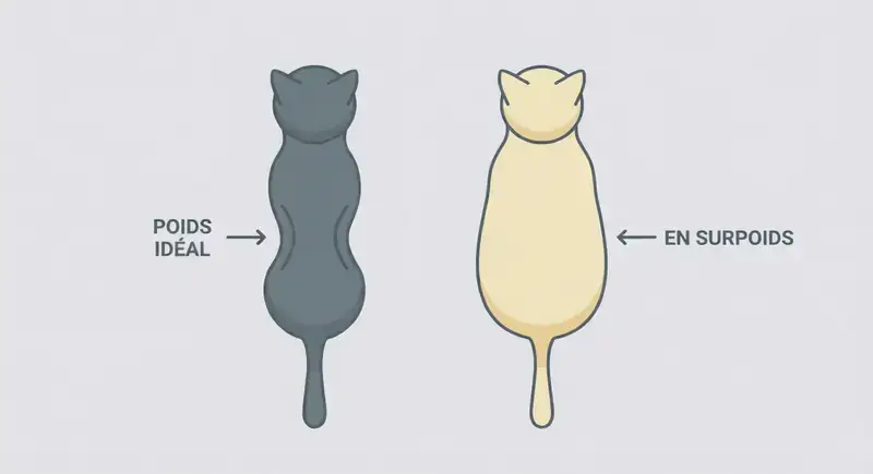 Comparaison vue de dessus : chat au poids idéal avec taille marquée vs chat en surpoids sans taille visible.