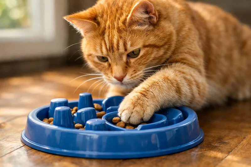 Chat roux très concentré qui récupère des croquettes avec sa patte dans une gamelle puzzle bleue posée sur un parquet en bois, lumière naturelle douce