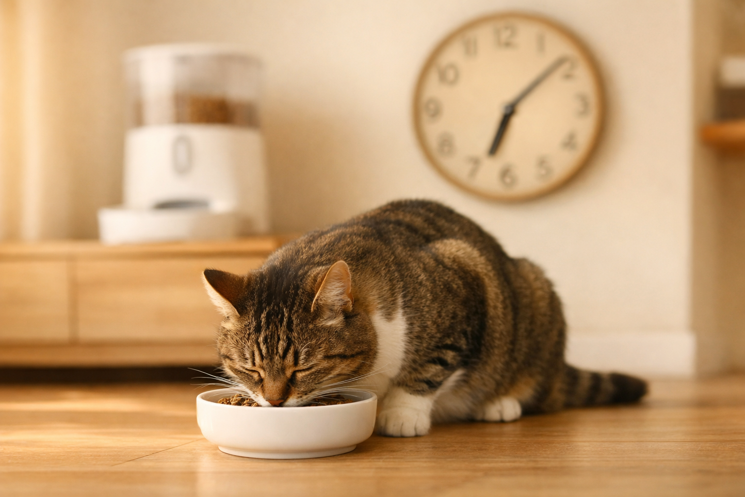 Chat en bonne santé mangeant calmement sa portion fractionnée avec distributeur automatique en arrière-plan