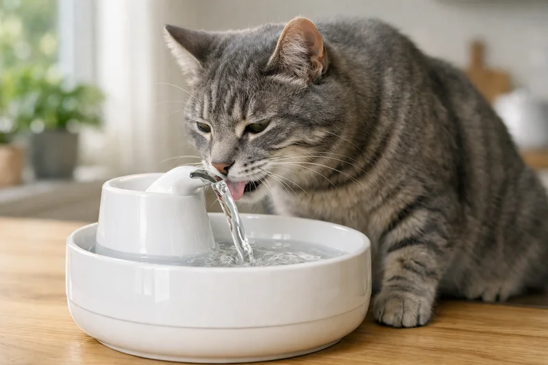 Chat gris tigré buvant tranquillement à une fontaine à eau moderne en céramique blanche sur un plan de travail en bois clair, lumière naturelle douce — illustre l'importance de l'hydratation pour prévenir les maladies urinaires chez le chat stérilisé