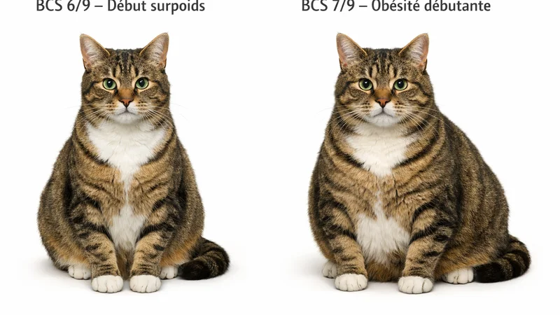 Comparaison silhouette chat surpoids BCS 6/9 et obésité BCS 7/9