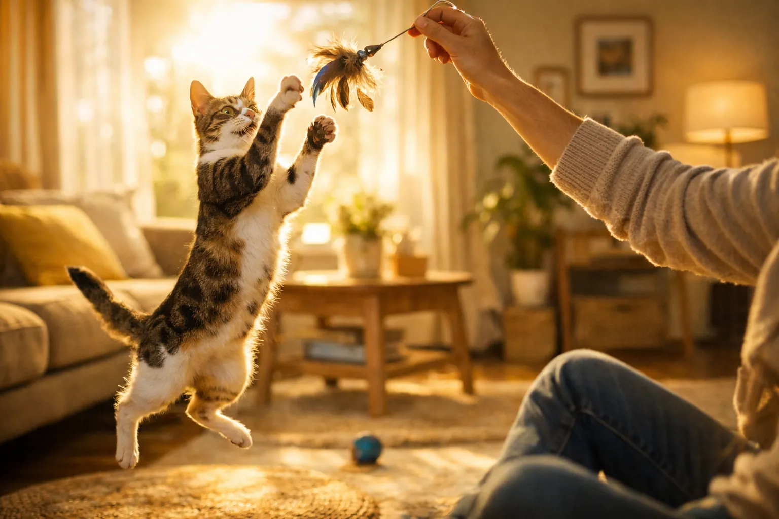 Chat svelte et en bonne santé jouant joyeusement avec son propriétaire dans un salon lumineux
