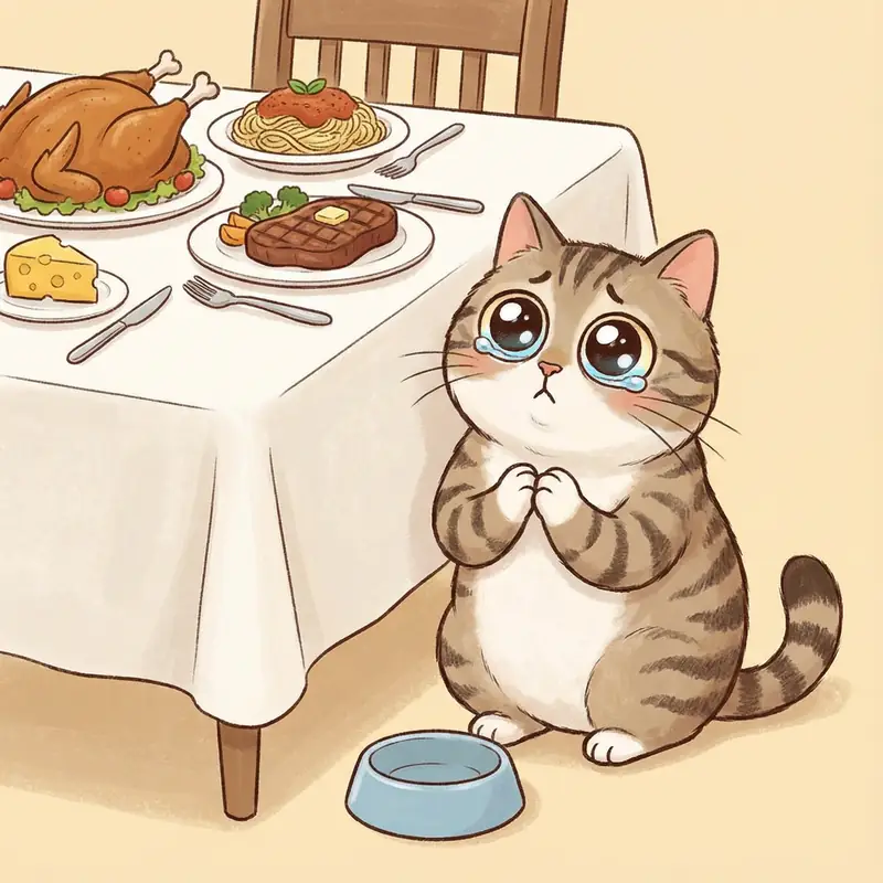 Chat avec expression suppliante à côté d'une table de nourriture