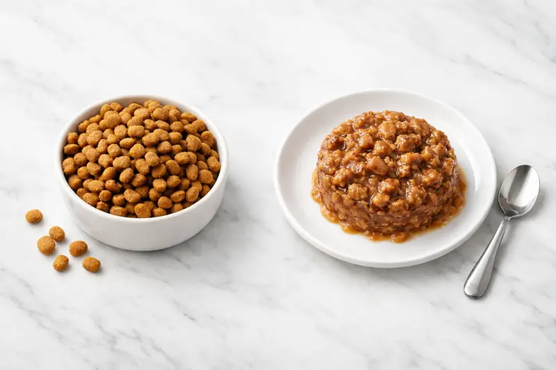 Comparaison visuelle entre croquettes et pâtée pour chat, mettant en avant les différences de volume et d'hydratation