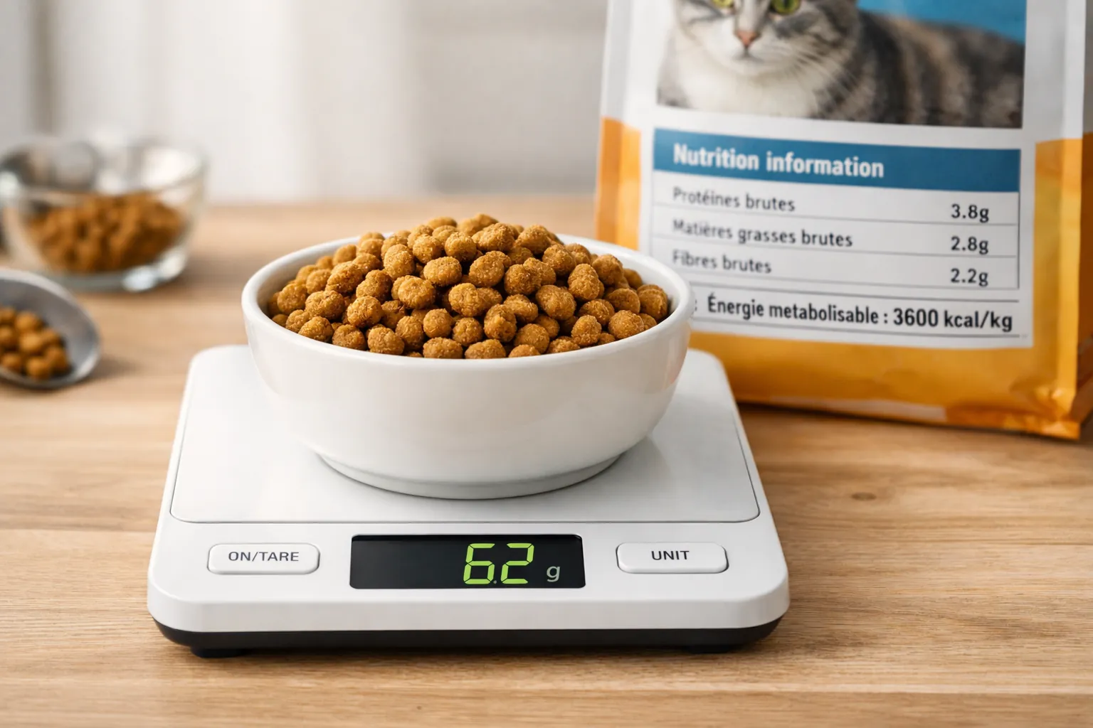 Bol de croquettes pesé sur balance avec étiquette nutritionnelle montrant l'énergie métabolisable en arrière-plan