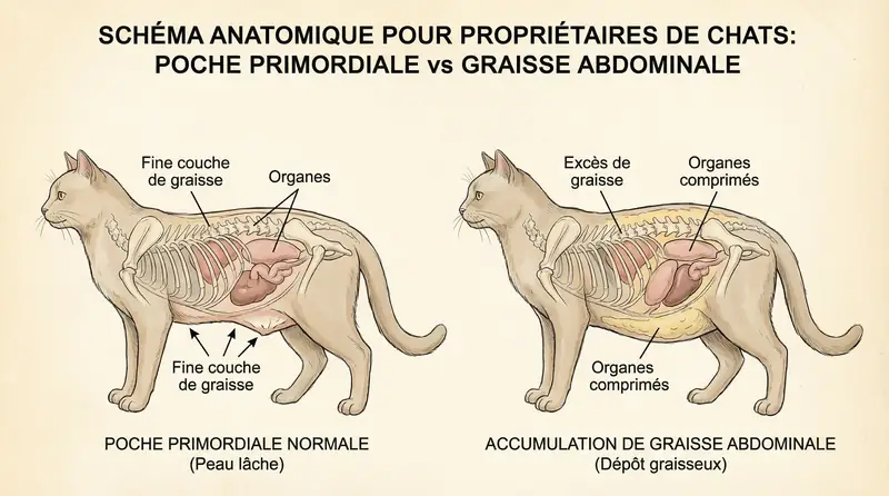Schéma anatomique : poche primordiale vs graisse abdominale