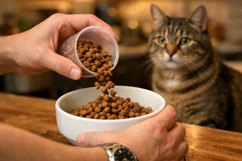 Mains versant des croquettes mesurées dans une gamelle blanche à heure fixe, montre visible au poignet, chat attentif assis près de la gamelle, lumière chaude de cuisine