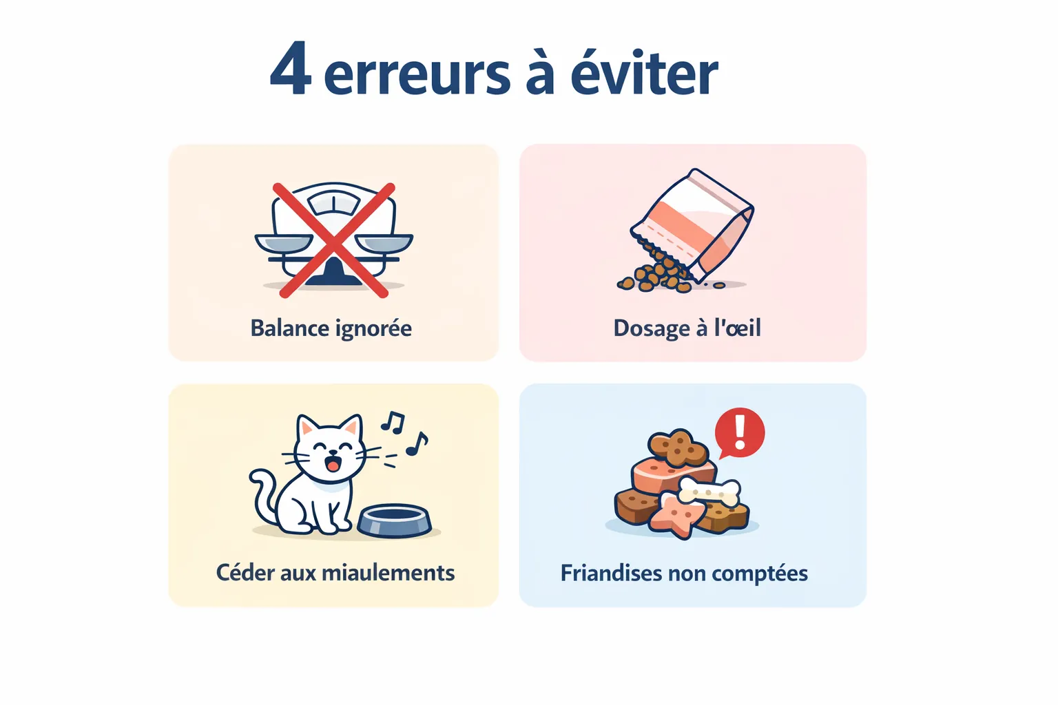 Infographie montrant les 4 erreurs fréquentes dans le calcul de la ration d'un chat obèse