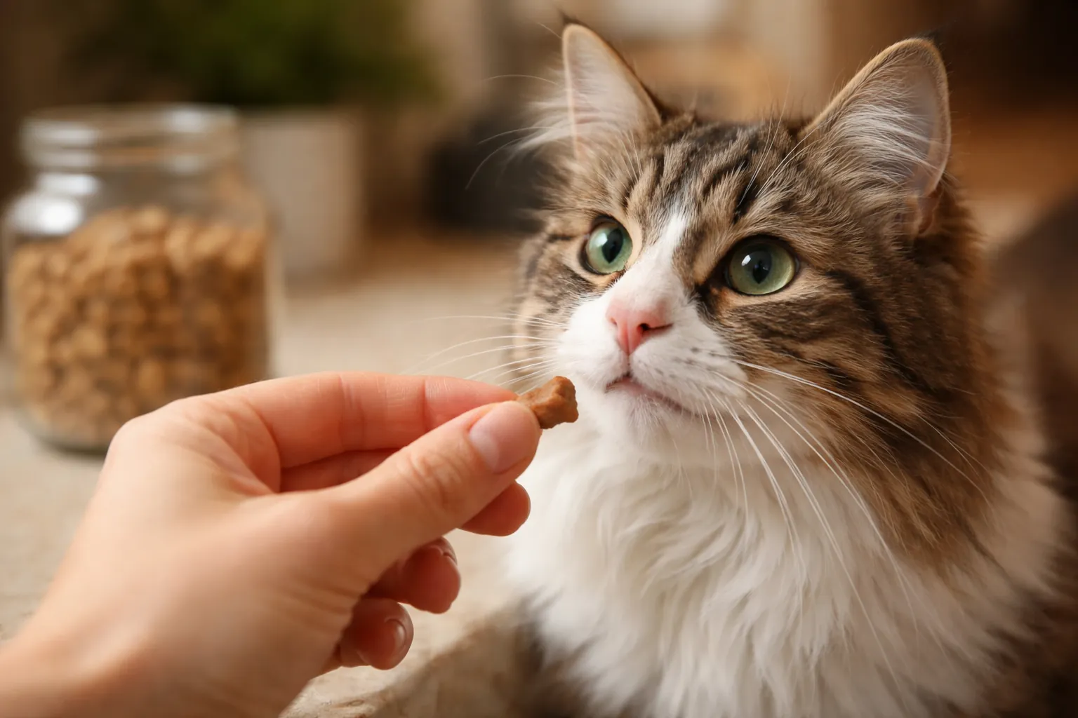 Main donnant une petite friandise saine à un chat avec modération