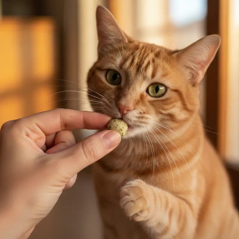 Main offrant une petite friandise à un chat, symbolisant la modération et la récompense contrôlée