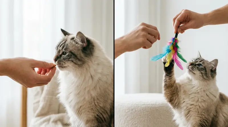 Photo contrastée montrant d'un côté une main donnant une friandise, de l'autre une main agitant une plume pour jouer.