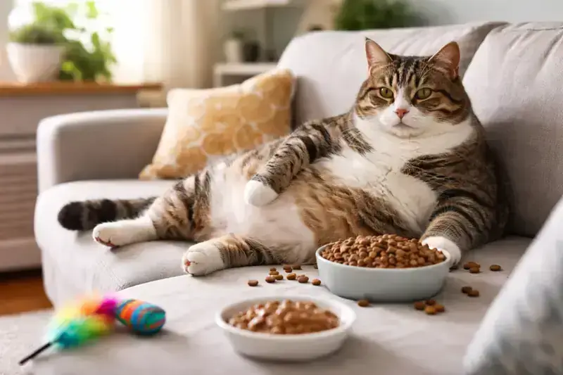 Chat surpoids assis sur un canapé dans un appartement