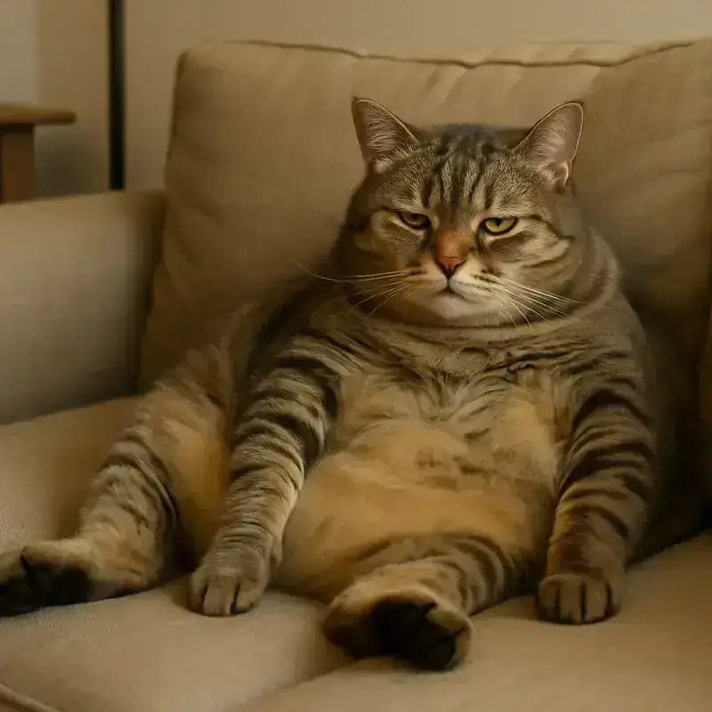 Un chat en surpoids allongé paresseusement sur un canapé, illustrant l'inactivité.