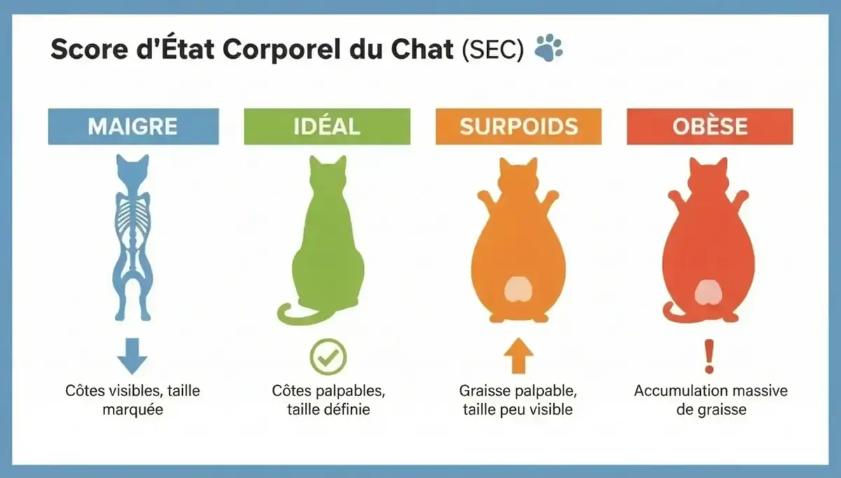 Score d'État Corporel du Chat (SEC) : Maigre, Idéal, Surpoids, Obèse avec silhouettes visuelles et descriptions