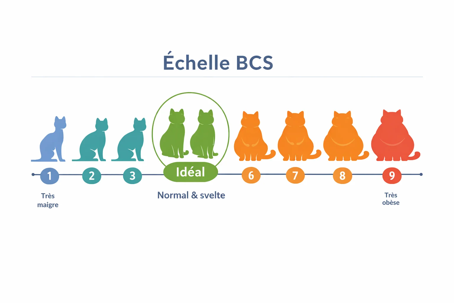 Infographie de l'échelle BCS (Body Condition Score) pour chat, montrant 9 niveaux de corpulence