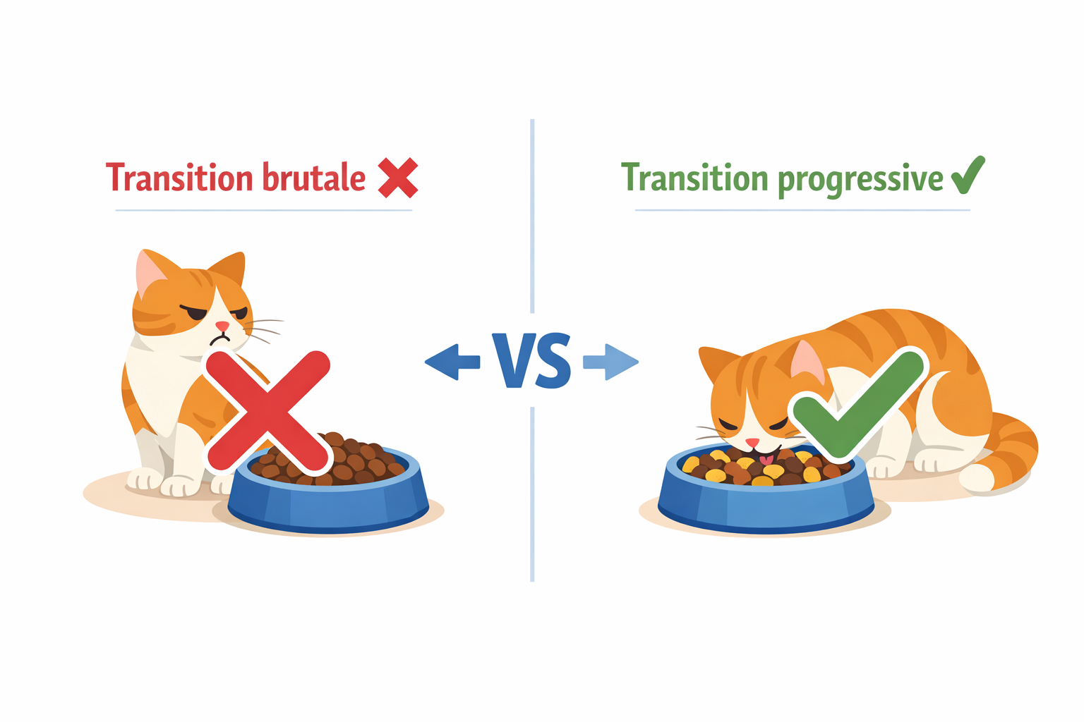 Infographie comparant transition brutale vs progressive pour l'alimentation du chat