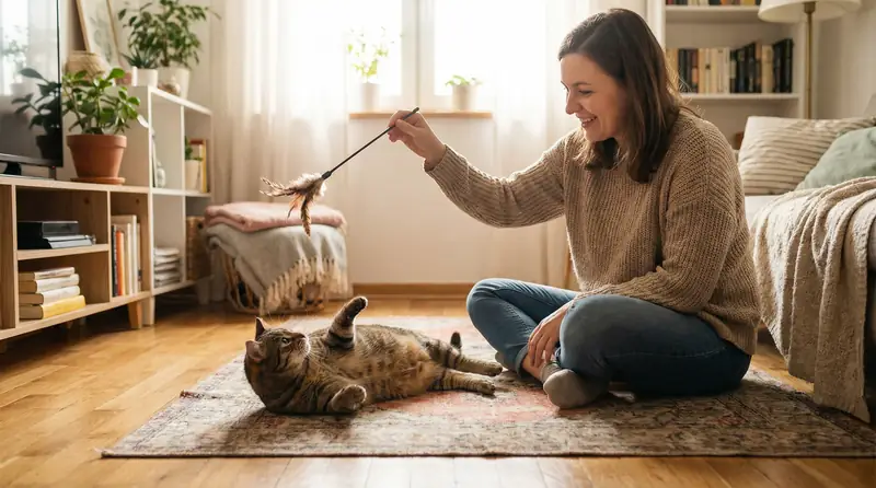 Un chat d'appartement, légèrement enrobé, en plein élan pour attraper un plumeau tenu hors-champ.