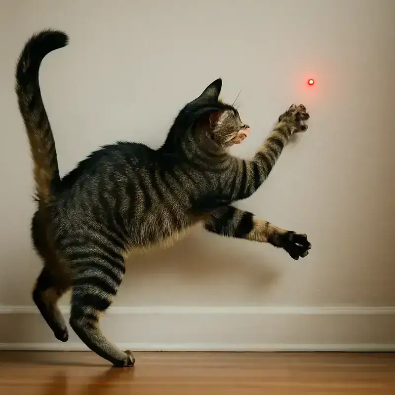 Un chat actif chassant un point laser rouge sur un mur, illustrant le jeu dynamique.