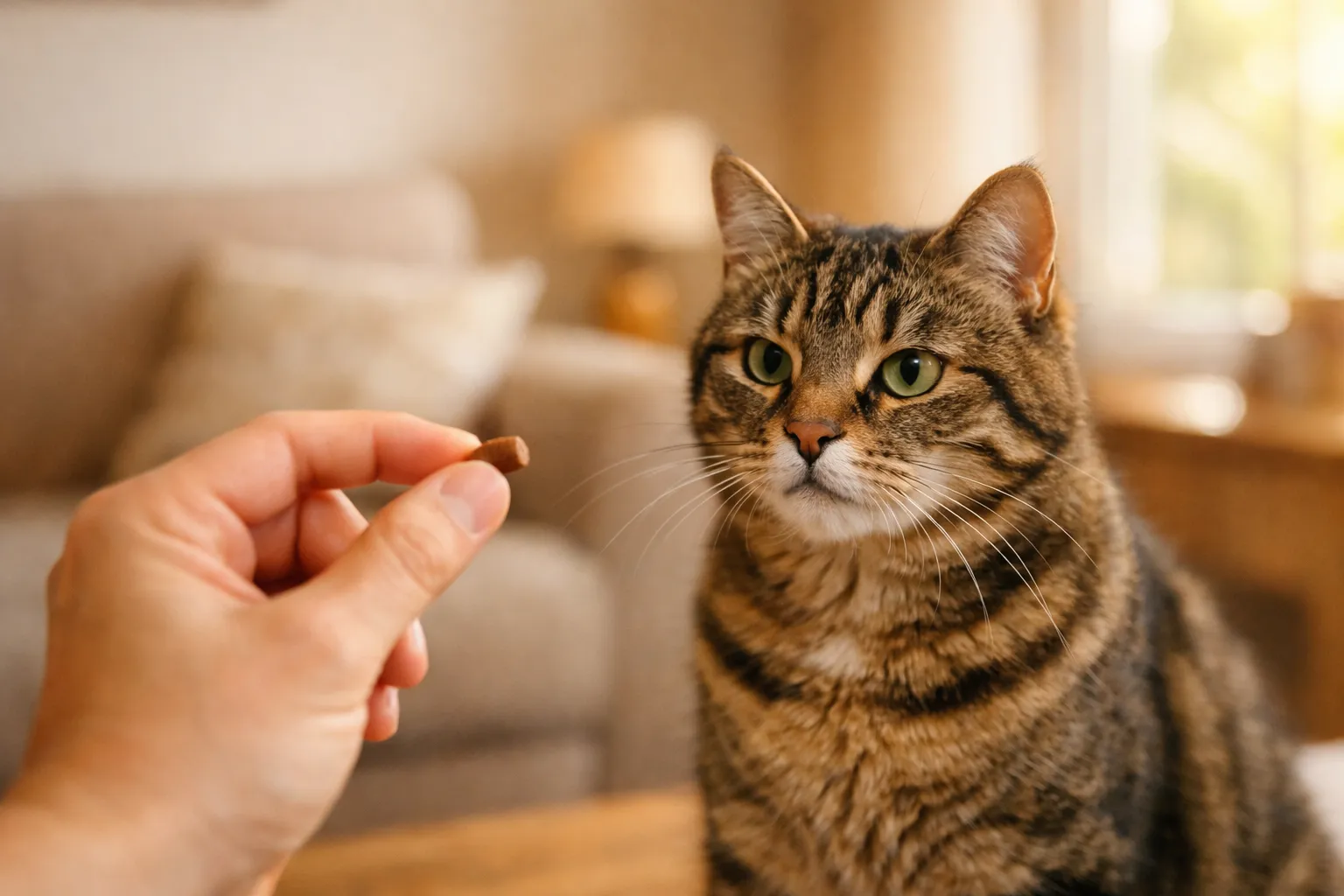 Main tendue avec friandise vers chat assis attentif illustrant le dilemme entre affection et régime pour chat obèse