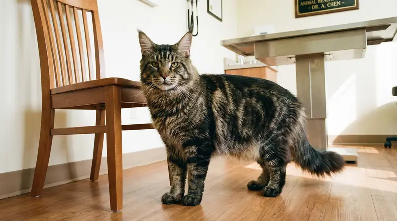 Un Maine Coon tabby debout à côté d'un objet pour donner l'échelle