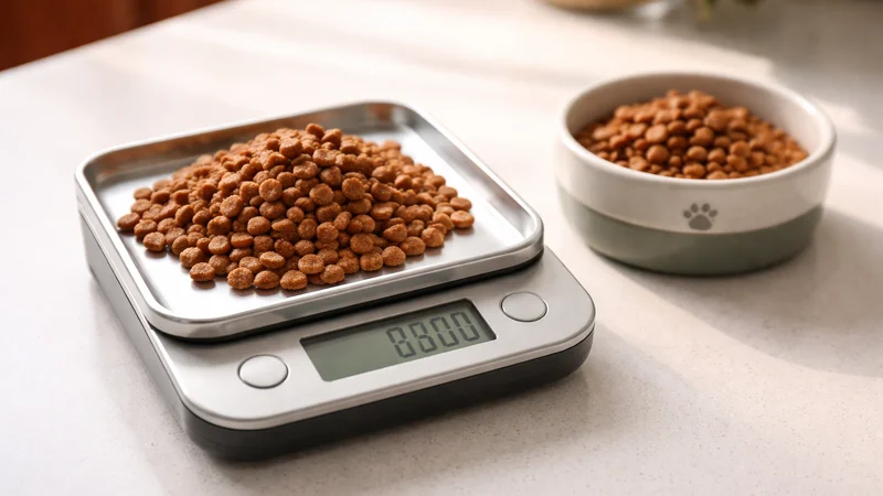 Balance de cuisine avec ration de croquettes mesurée pour chat en surpoids