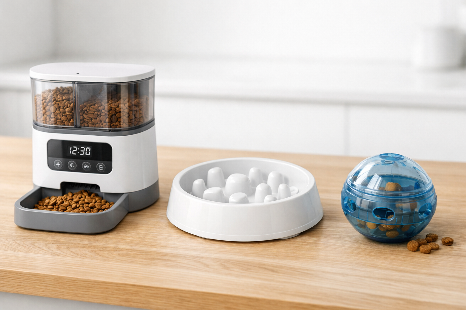 Distributeur automatique, gamelle anti-glouton et puzzle alimentaire pour fractionner les repas du chat