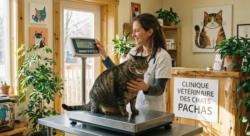 Vétérinaire pesant un chat adulte sur une balance professionnelle