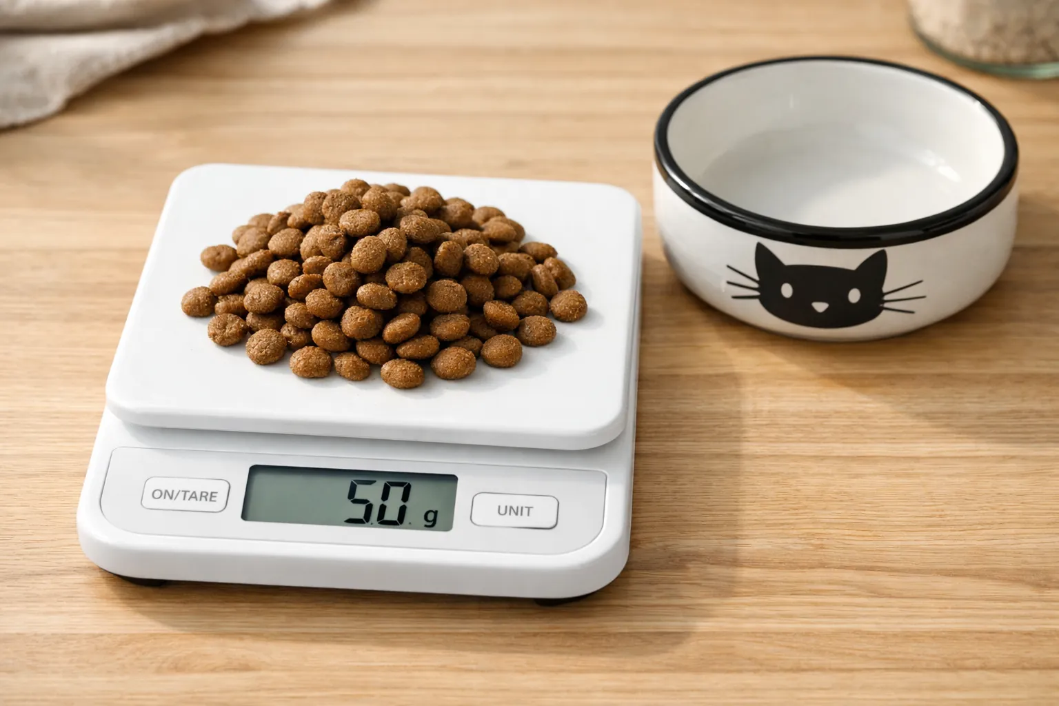 Main pesant précisément des croquettes pour chat sur une balance de cuisine numérique pour contrôler les portions