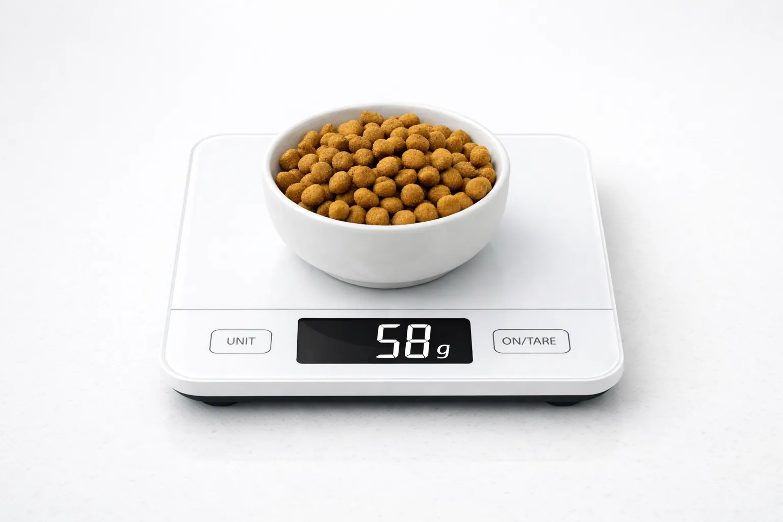 Balance de cuisine numérique affichant 58 grammes avec un bol de croquettes pour chat