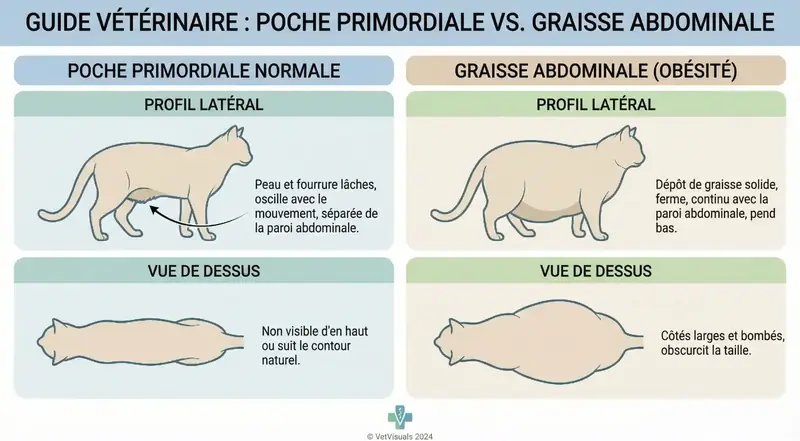 Comparatif visuel poche primordiale normale vs graisse abdominale (profil + vue du dessus)
