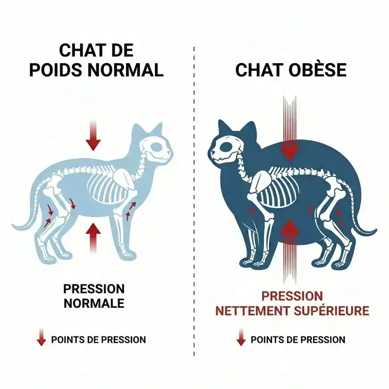 Comparaison de la pression sur les articulations entre un chat normal et un chat obèse