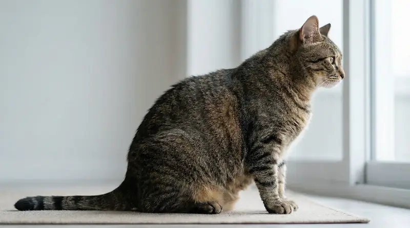 Chat vu de profil avec abdomen tombant et silhouette arrondie