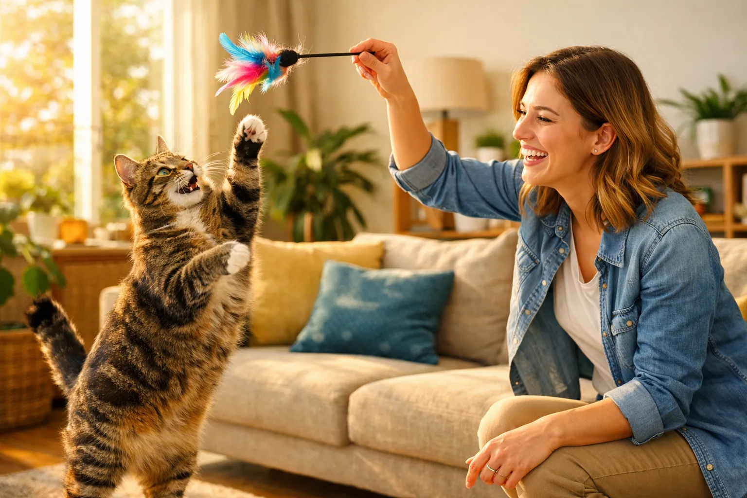 Propriétaire jouant avec chat à l'aide d'une baguette à plumes démontrant que l'affection passe aussi par le jeu et non seulement par les friandises