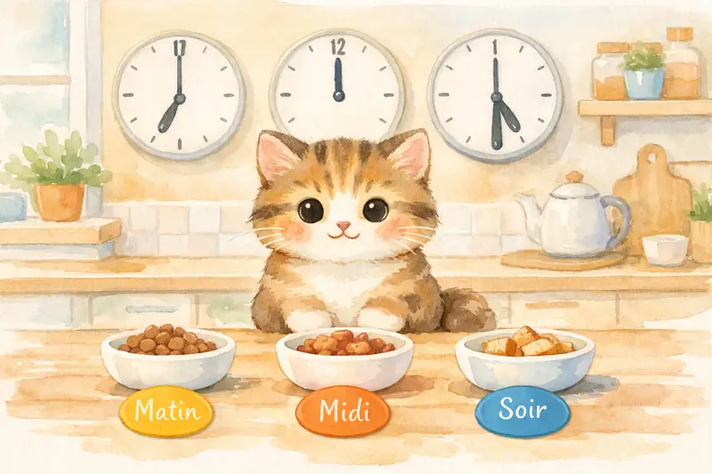 Trois petits bols de nourriture, illustrant le fractionnement des repas pour un chat obèse