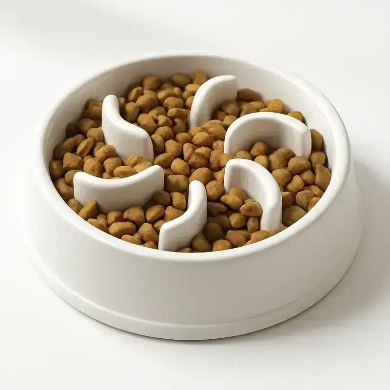 Une gamelle anti-glouton moderne avec des croquettes, conçue pour ralentir l'ingestion.