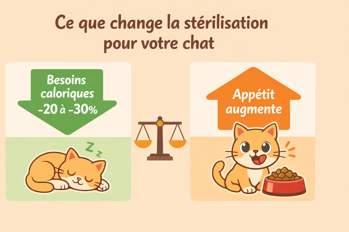Infographie pédagogique illustrant les effets de la stérilisation sur le métabolisme du chat : baisse des besoins caloriques de 20 à 30 % et hausse de l'appétit représentées par des flèches colorées bienveillantes