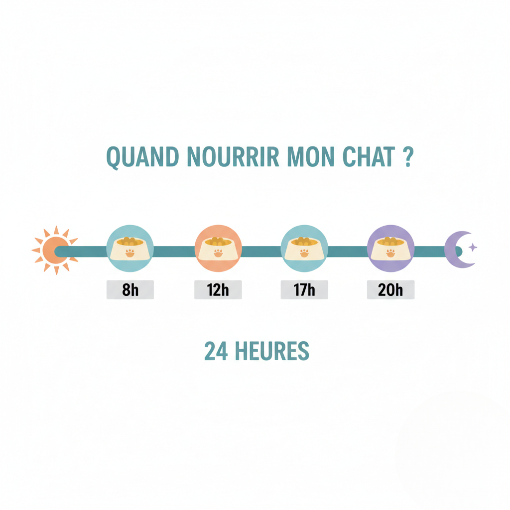Timeline d'une journée montrant 4 repas fractionnés pour chat obèse à 8h, 12h, 17h et 20h