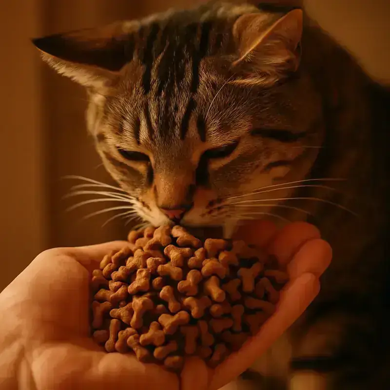 Une main donnant une quantité excessive de friandises à un chat, illustrant la suralimentation.