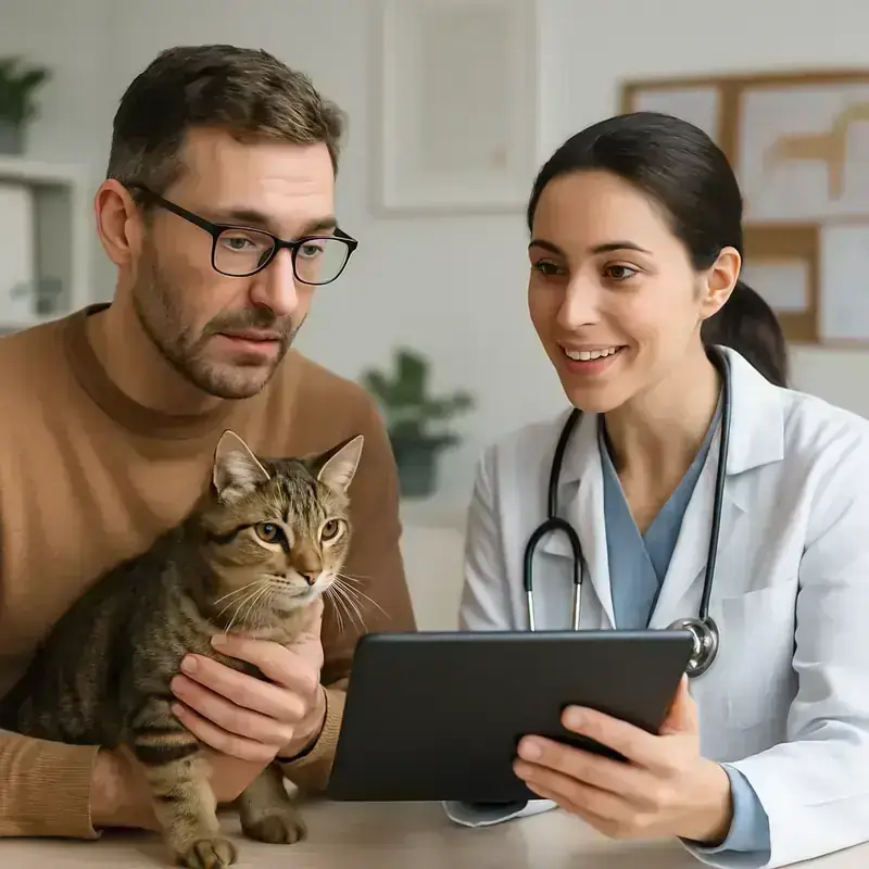 Un propriétaire de chat et un vétérinaire examinant les données de santé sur une tablette, illustrant la consultation de suivi.