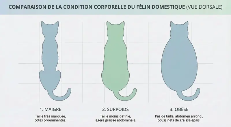 Comparaison visuelle entre un chat mince, en surpoids et obèse (vue de dessus)